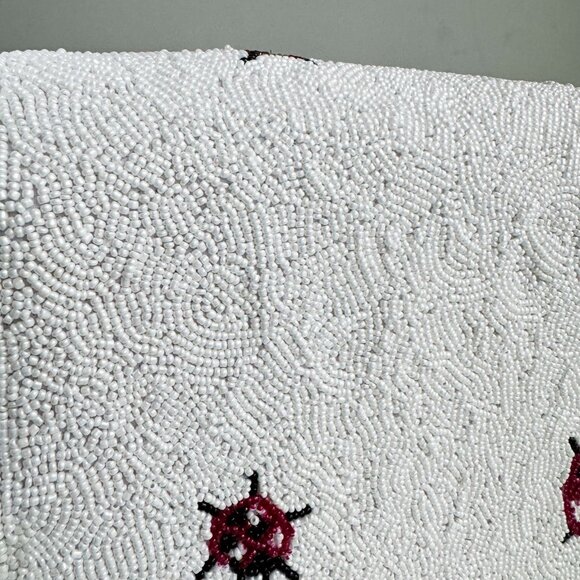 Beaded Lady Bug Lucky White Red Large Baguette Bag - Picture 8 of 14